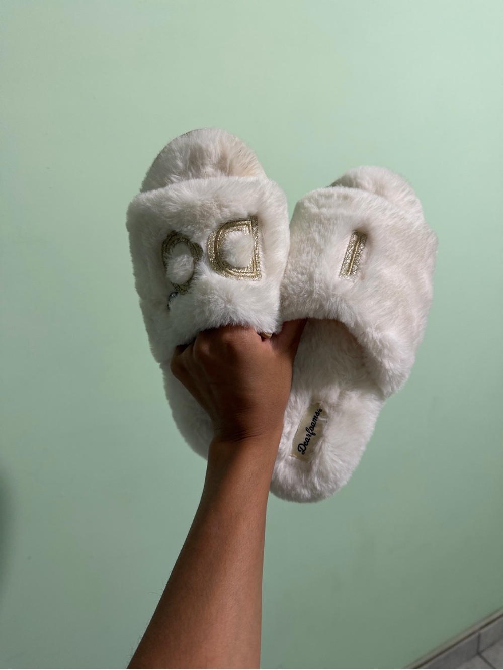 White Faux Fur Slide Slippers with Gold Lettering